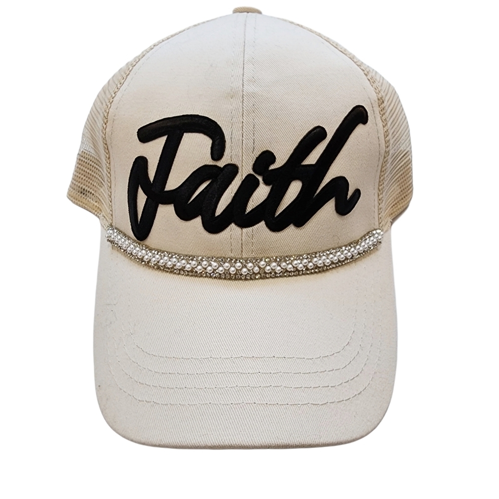 Faith Pearl/Rhinestone Handcrafted Beige Ponytail Cap